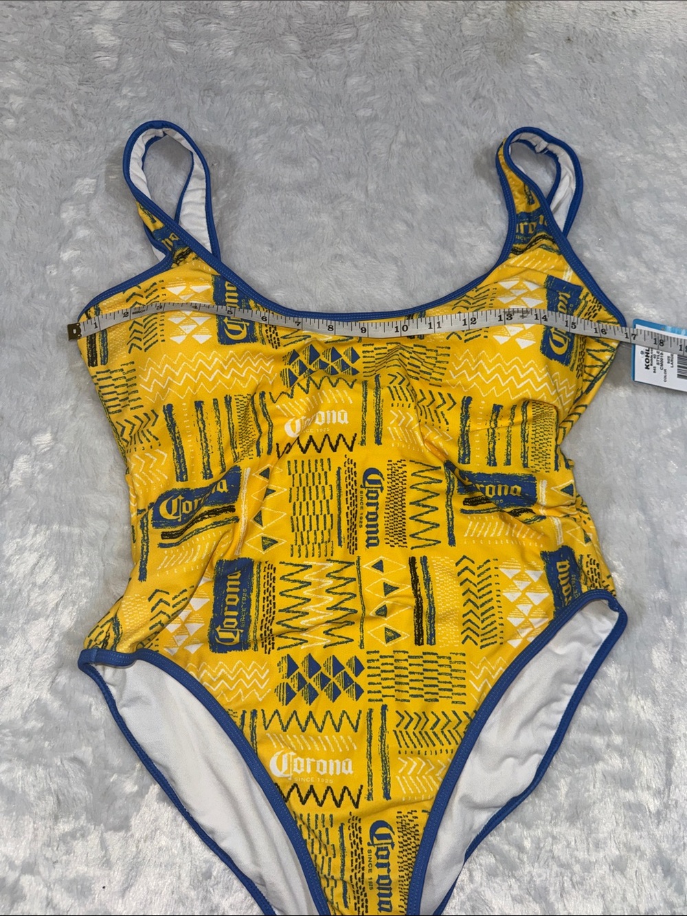 Corona Women One-Piece Swimsuit in White with Blue Trim and Yellow Logo - Picture 3 of 8